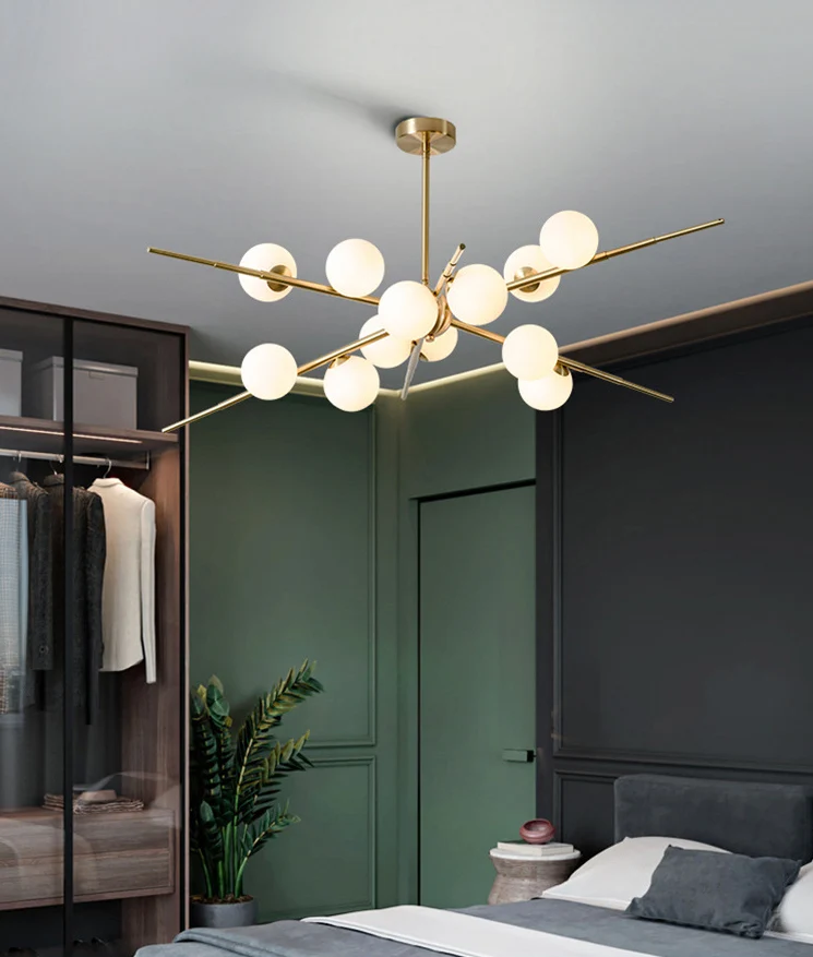 Modern Starburst Hanging Chandelier Light Opal Glazen Shade Ceiling Chandelier Living Room Black