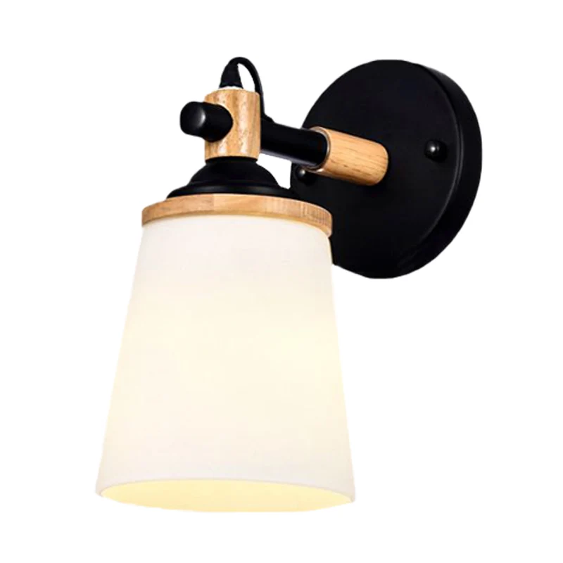 Modernist 1 Head Wall Sconce Light Barrel White/Black and Wood Wall Lamp Fixture Cream Glaswerk Shade Black