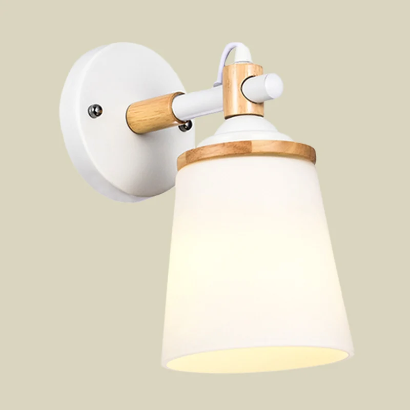 Modernist 1 Head Wall Sconce Light Barrel White/Black and Wood Wall Lamp Fixture Cream Glaswerk Shade Black