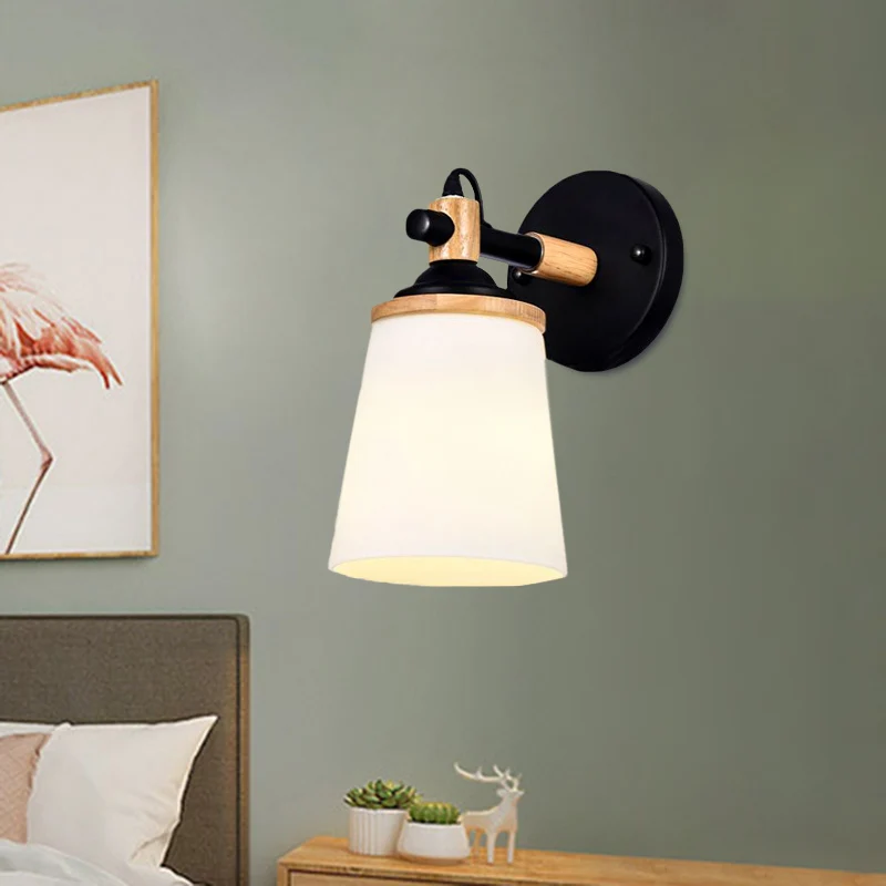 Modernist 1 Head Wall Sconce Light Barrel White/Black and Wood Wall Lamp Fixture Cream Glaswerk Shade Black