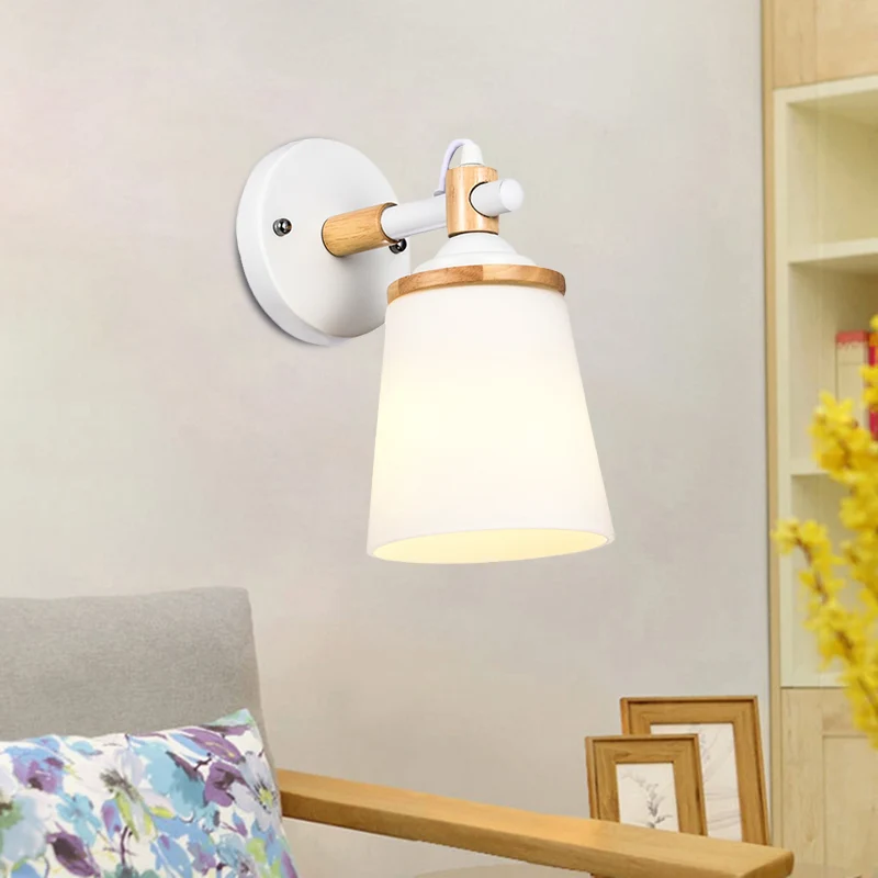 Modernist 1 Head Wall Sconce Light Barrel White/Black and Wood Wall Lamp Fixture Cream Glaswerk Shade Black