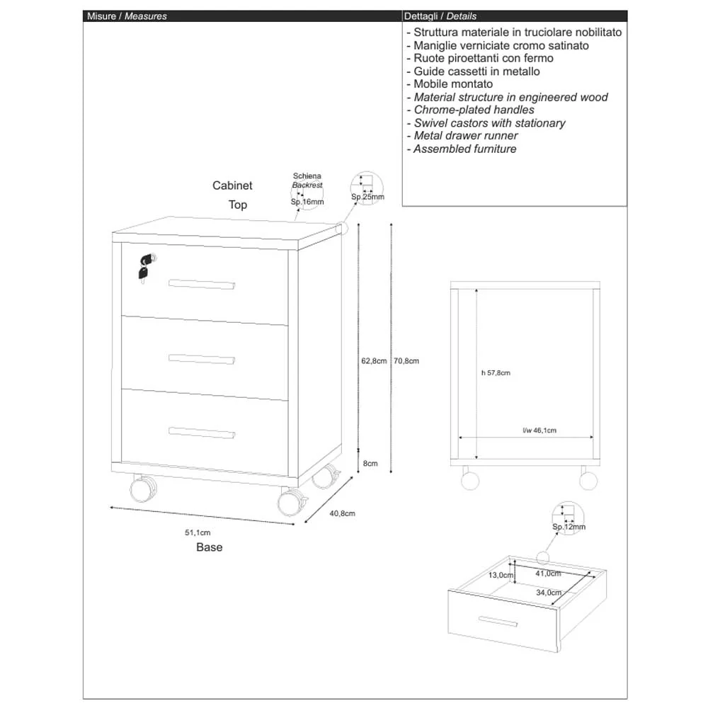 Office rolling drawer unit three drawers and lock, ivoor oxide structure finish / white oxide front finish Sarmog