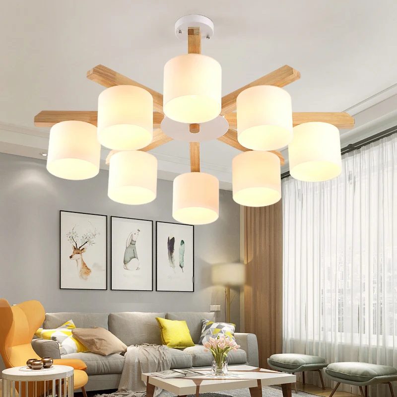 Opal Glazen Barrel Shade Hanging Light Contemporary LED Wood Chandelier Light Fixture Living Room Wood
