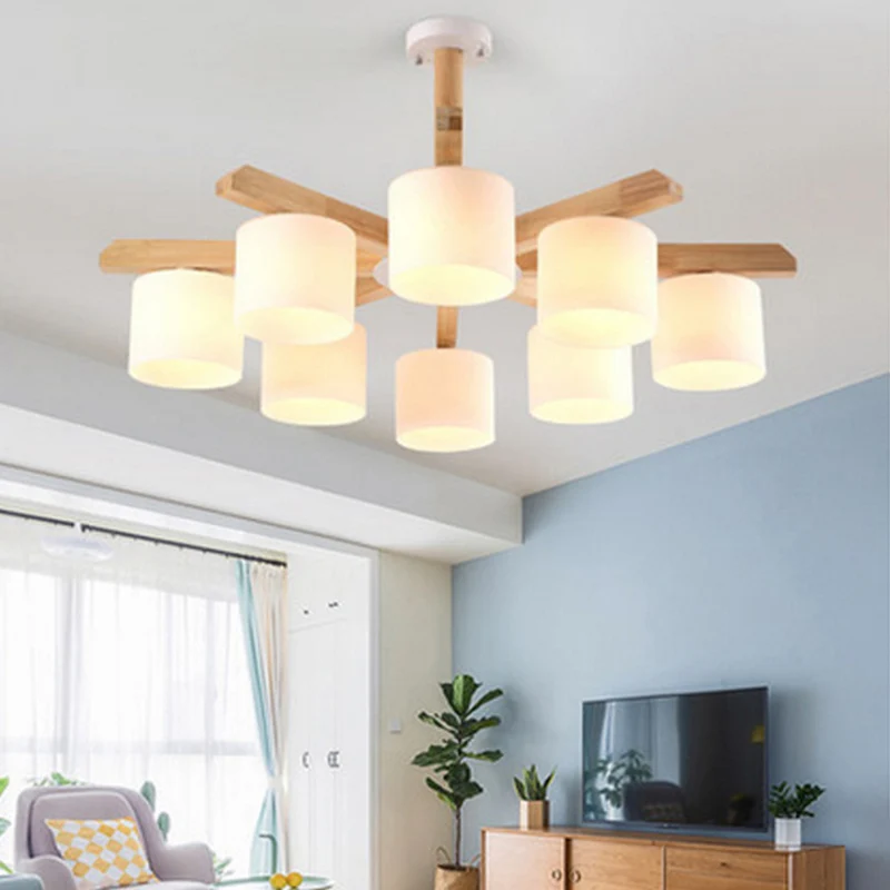 Opal Glazen Barrel Shade Hanging Light Contemporary LED Wood Chandelier Light Fixture Living Room Wood