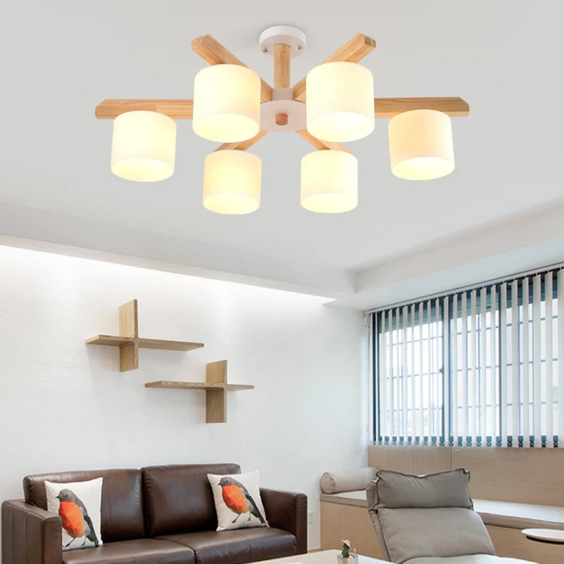 Opal Glazen Barrel Shade Hanging Light Contemporary LED Wood Chandelier Light Fixture Living Room Wood