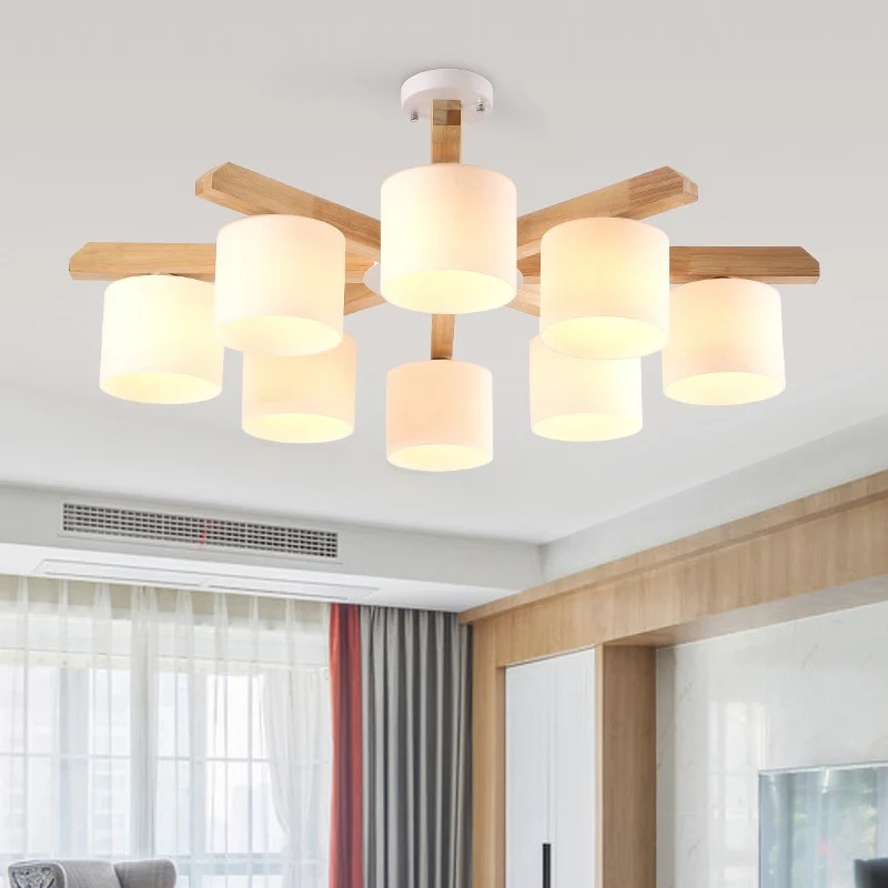 Opal Glazen Barrel Shade Hanging Light Contemporary LED Wood Chandelier Light Fixture Living Room Wood