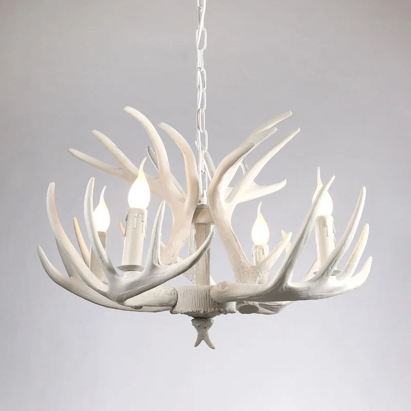 Parelmoer Retro Resin Deer Horn Chandelier Rustic Style Bedroom Drop Lamp Lighting Fixture White White