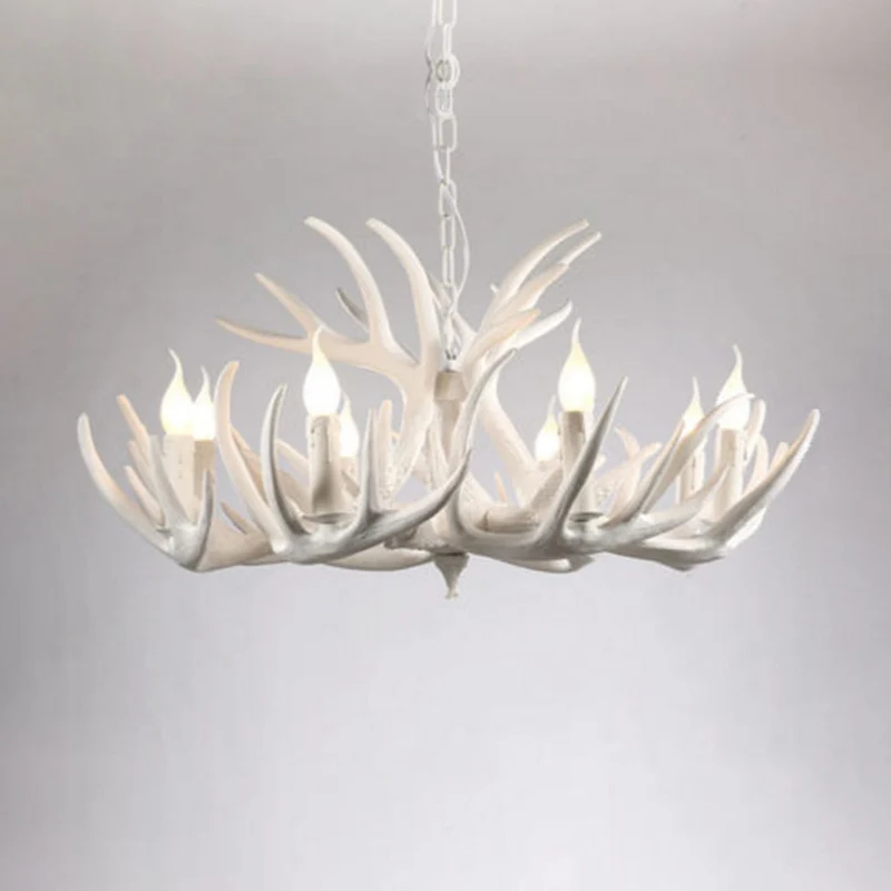 Parelmoer Retro Resin Deer Horn Chandelier Rustic Style Bedroom Drop Lamp Lighting Fixture White White