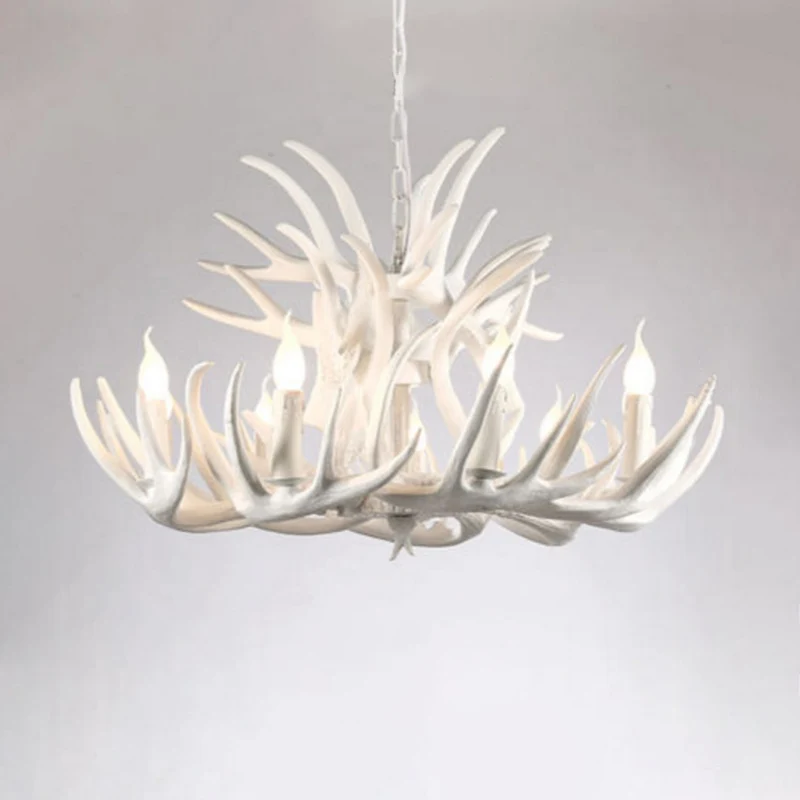 Parelmoer Retro Resin Deer Horn Chandelier Rustic Style Bedroom Drop Lamp Lighting Fixture White White