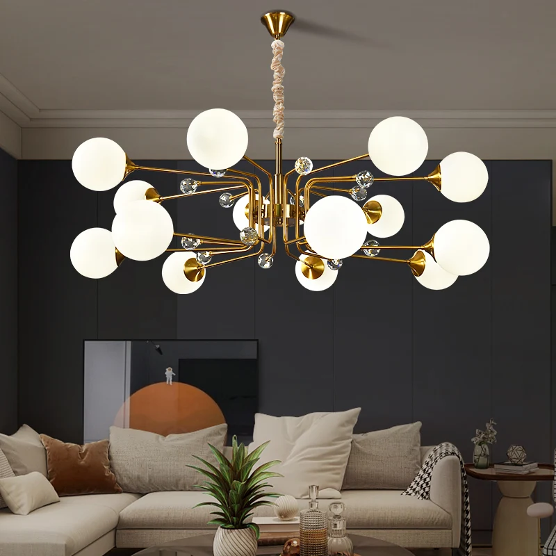Postmodern Sputnik Ceiling Light Closed Glass Bedroom Hanging Chandelier Messing Amber