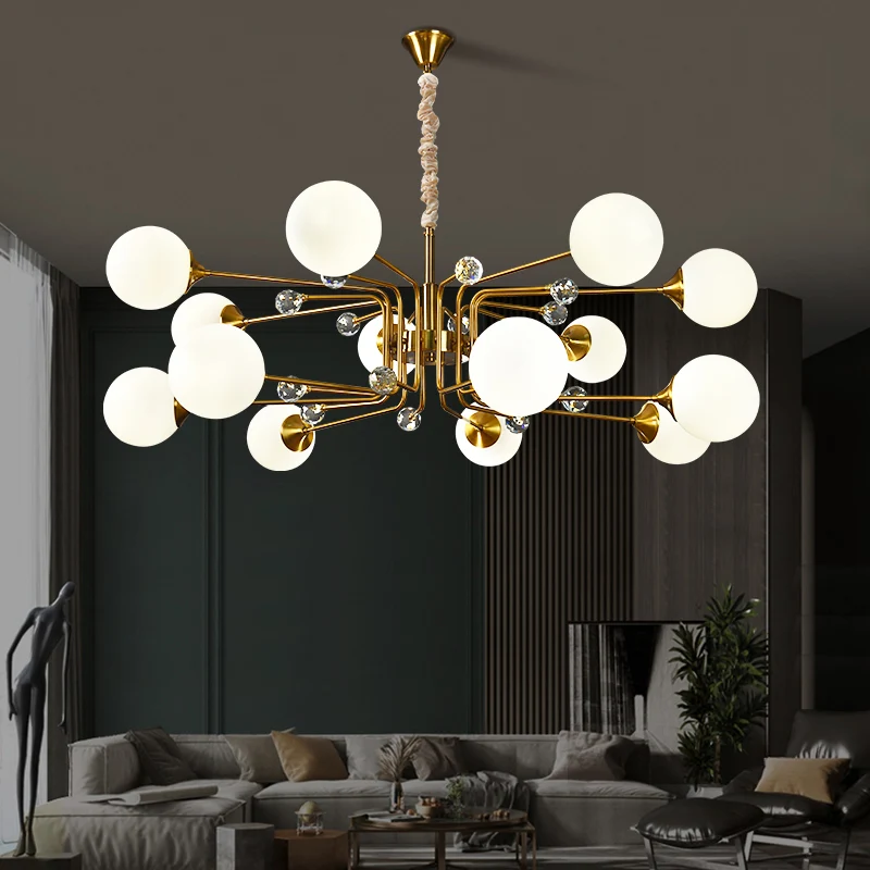 Postmodern Sputnik Ceiling Light Closed Glass Bedroom Hanging Chandelier Messing Amber