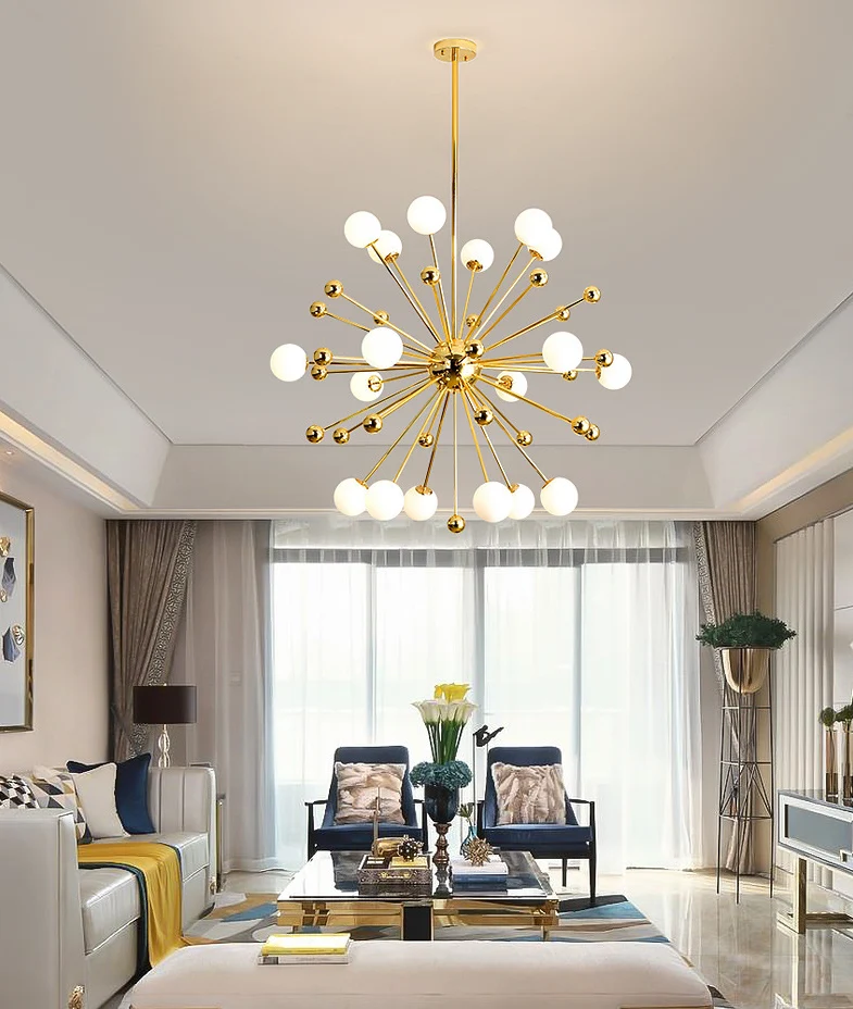 Post-Modern Starburst Metaal Hanging Chandelier Light Glass Shade Ceiling Chandelier Gold Living Room Gold