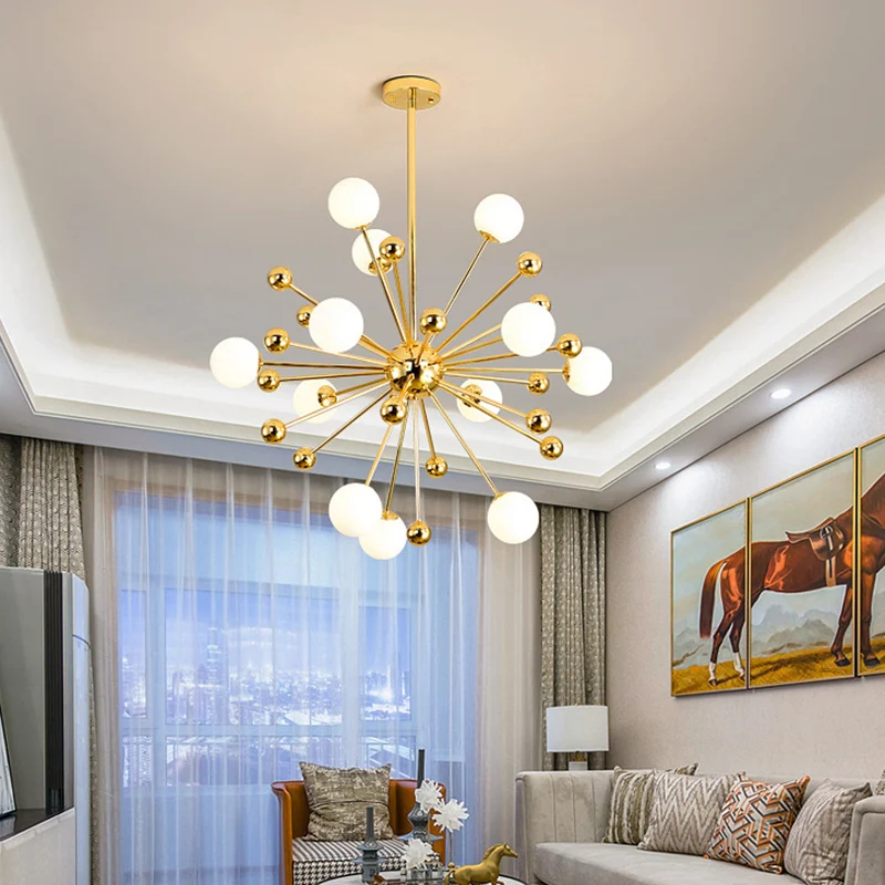 Post-Modern Starburst Metal Hanging Chandelier Light Glass Shade Ceiling Chandelier Verguld Living Room Gold