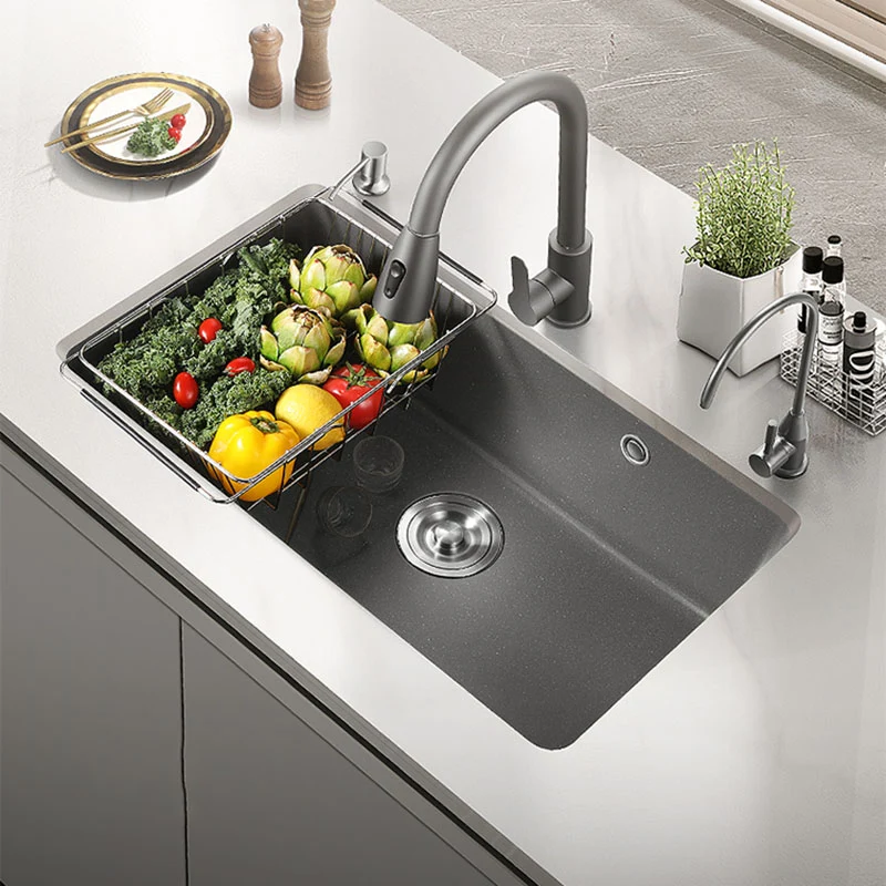 Quartz Kitchen Sink Contemporary Solo Bowl Kitchen Sink Strainer 24l