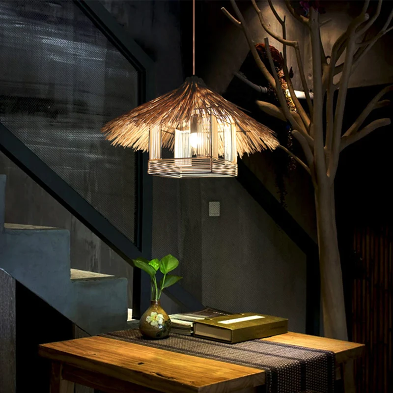 Rattan Shaded Ceiling Light Asian Style 1 Bulb Wood Hanging Lighting Fixture Restaurant Wood