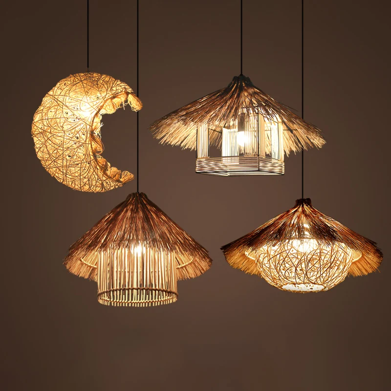 Rattan Shaded Ceiling Light Asian Style 1 Bulb Wood Hanging Lighting Fixture Restaurant Wood
