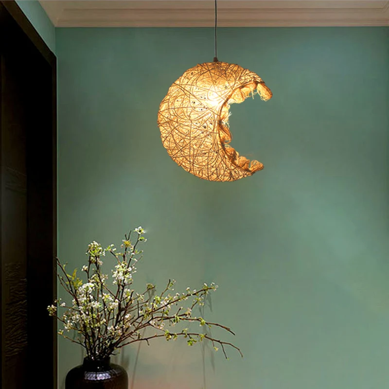 Rattan Shaded Ceiling Light Asian Style 1 Bulb Wood Hanging Lighting Fixture Restaurant Wood