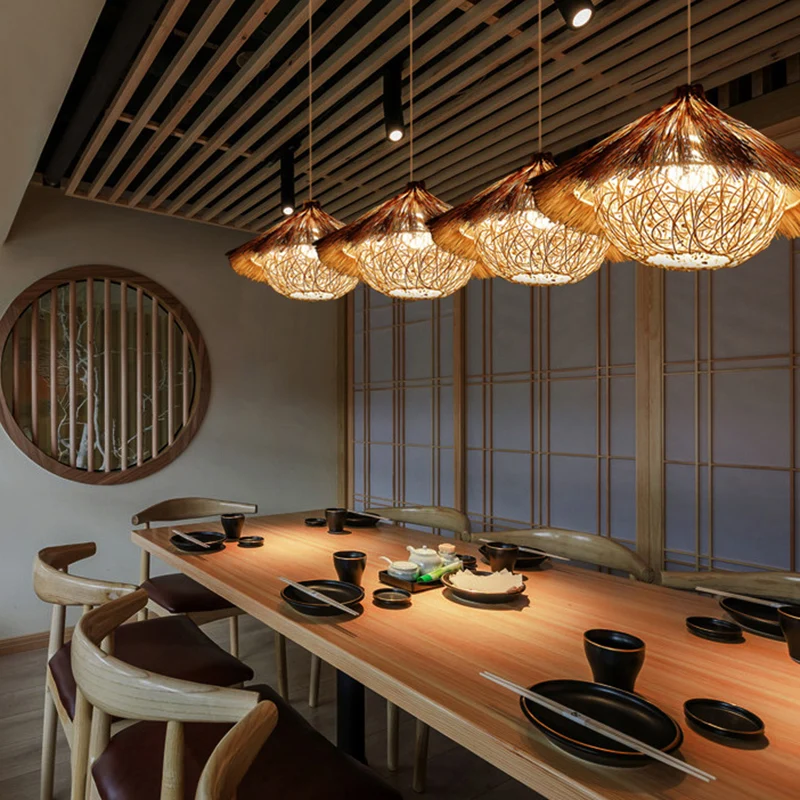 Rattan Shaded Ceiling Light Asian Style 1 Bulb Wood Hanging Lighting Fixture Restaurant Wood