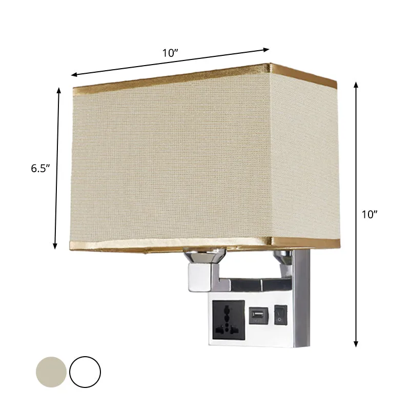 Rectangle Fabric Wall Light Basis Single White/Flaxen Wall Sconce 3-Hole Socket and USB Charging Port White