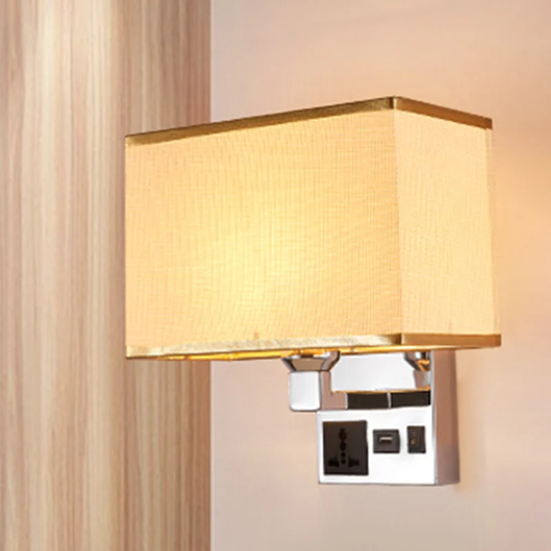 Rectangle Fabric Wall Light Basis Single White/Flaxen Wall Sconce 3-Hole Socket and USB Charging Port White