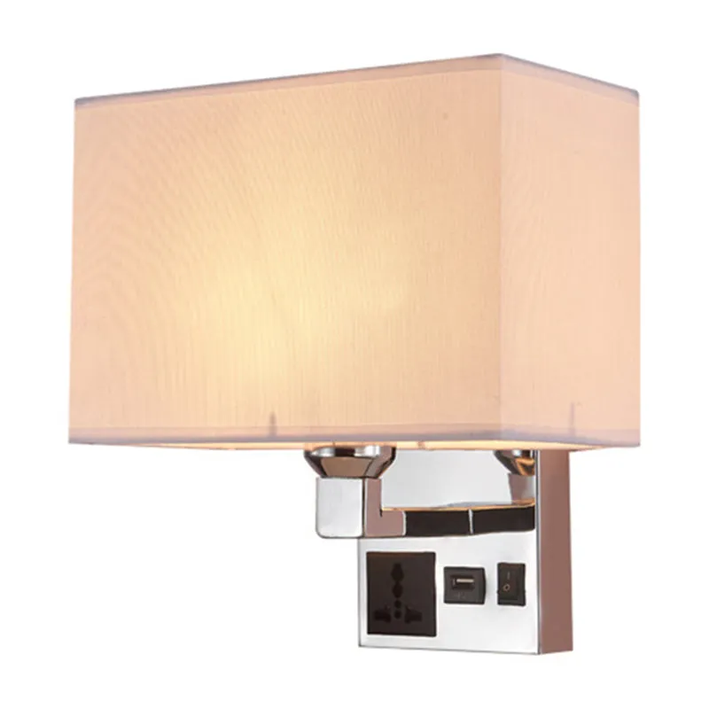 Rectangle Fabric Wall Light Simple Los White/Flaxen Wall Sconce 3-Hole Socket and USB Charging Port White