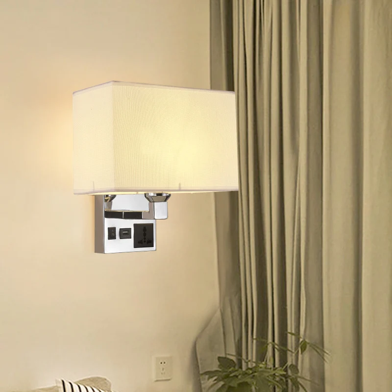 Rectangle Fabric Wall Light Simple Los White/Flaxen Wall Sconce 3-Hole Socket and USB Charging Port White