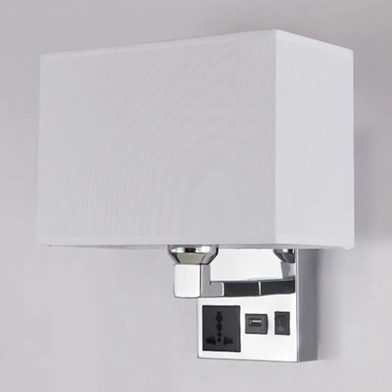 Rectangle Fabric Wall Light Simple Los White/Flaxen Wall Sconce 3-Hole Socket and USB Charging Port White