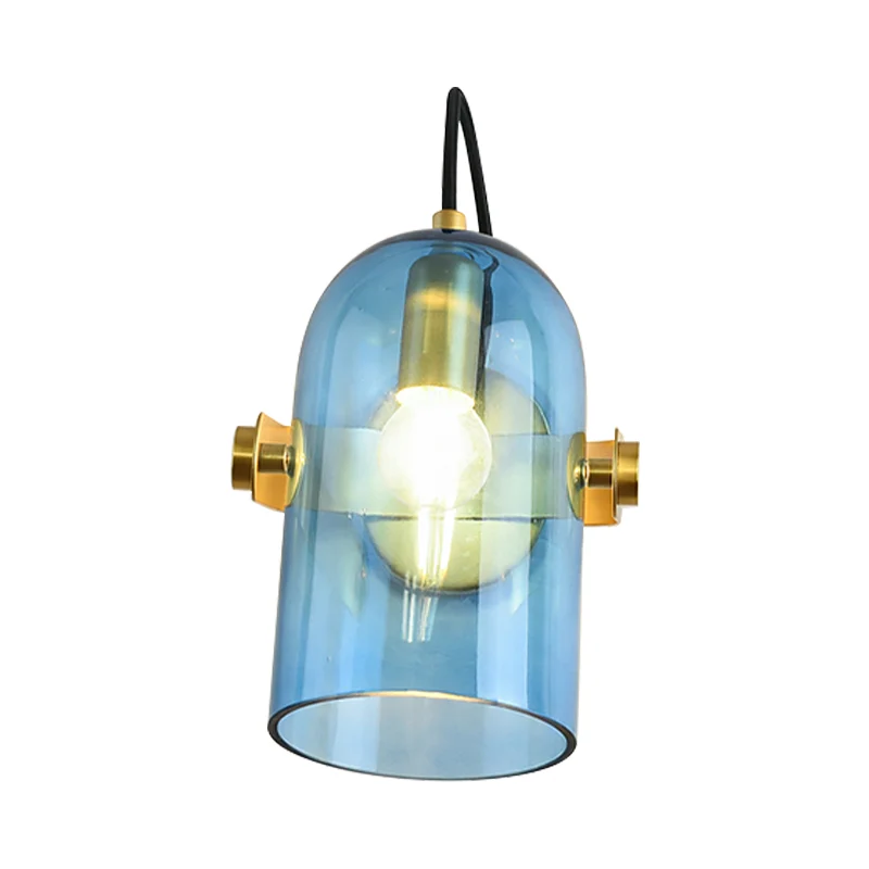 Retro Style Cloche Sconce Light 1 Bulb Amber/Blue/Smoke Asgrijs Glass Bedroom Wall Mounted Lamp Kit Brass Finish Blue