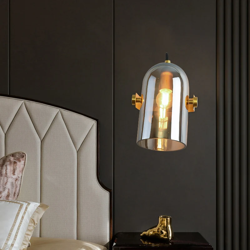 Retro Style Cloche Sconce Light 1 Bulb Amber/Blue/Smoke Gray Glaswerk Bedroom Wall Mounted Lamp Kit Brass Finish Blue