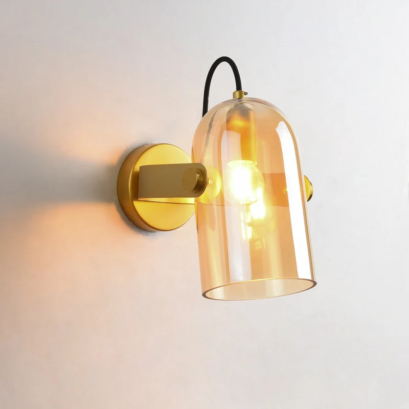 Retro Style Cloche Sconce Light 1 Bulb Amber/Blue/Smoke Gray Glaswerk Bedroom Wall Mounted Lamp Kit Brass Finish Blue
