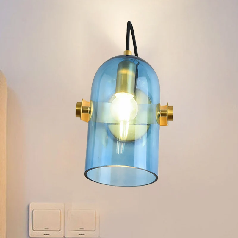 Retro Style Cloche Sconce Light 1 Bulb Amber/Blue/Smoke Gray Glaswerk Bedroom Wall Mounted Lamp Kit Brass Finish Blue