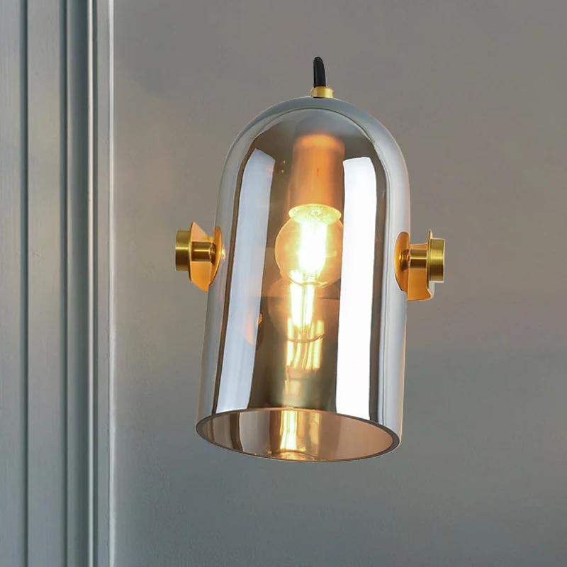 Retro Style Cloche Sconce Light 1 Bulb Amber/Blue/Smoke Gray Glaswerk Bedroom Wall Mounted Lamp Kit Brass Finish Blue