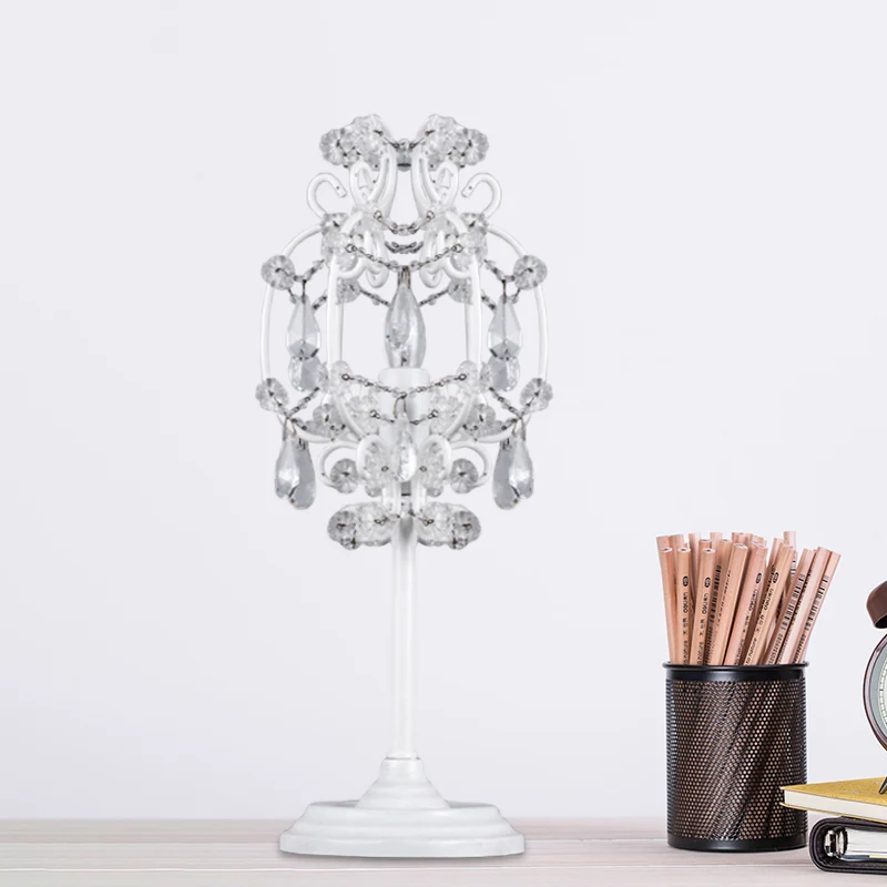 Retro Style Lantern Table Lamp Metal 1-Light Nightstand Lighting White/Gold Glashelder Crystal Drops White
