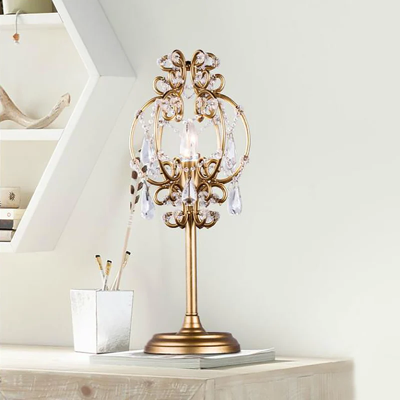 Retro Style Lantern Table Lamp Metal 1-Light Nightstand Lighting White/Gold Glashelder Crystal Drops White