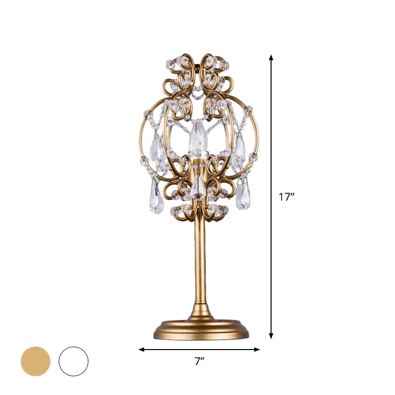 Retro Style Lantern Table Lamp Metal 1-Light Nightstand Lighting White/Gold Glashelder Crystal Drops White