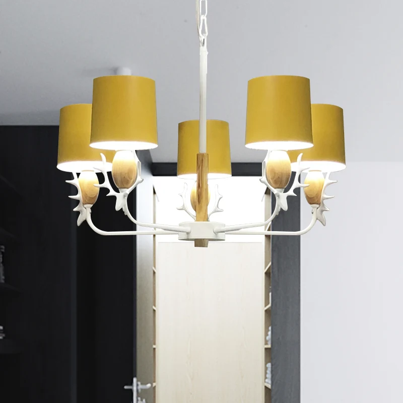 Scandinavian Deer Horn Hanging Lights Metalen Wood Chandelier Light Living Room Yellow
