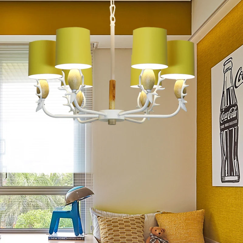 Scandinavian Deer Horn Hanging Lights Metalen Wood Chandelier Light Living Room Yellow