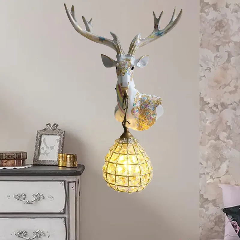 Silver/White/Gold Globe Sconce Lamp Traditional Crystal 1 Light Indoor Wall Mount Lighting Deer Deco, Right/Left White