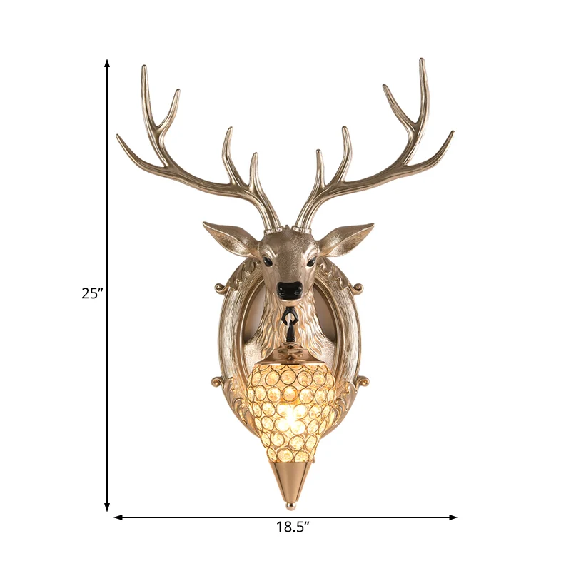 Silver/White/Wood Deer Wall Lighting Antiek Resin 1 Light Living Room Sconce Lamp Droplet Crystal Shade Silver
