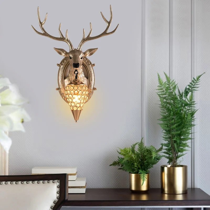 Silver/White/Wood Deer Wall Lighting Antiek Resin 1 Light Living Room Sconce Lamp Droplet Crystal Shade Silver
