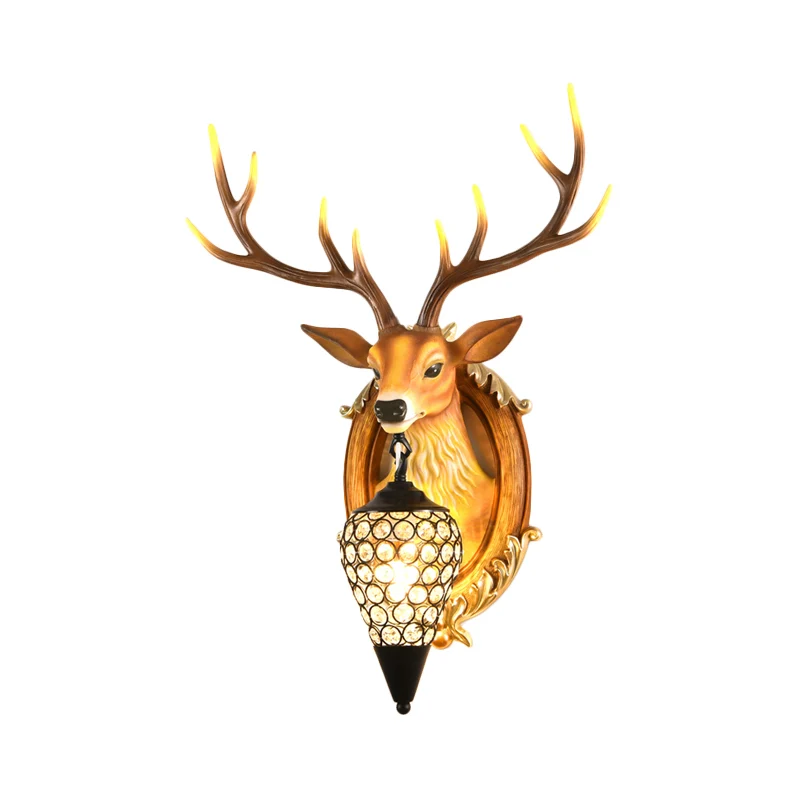 Silver/White/Wood Deer Wall Lighting Antiek Resin 1 Light Living Room Sconce Lamp Droplet Crystal Shade Silver