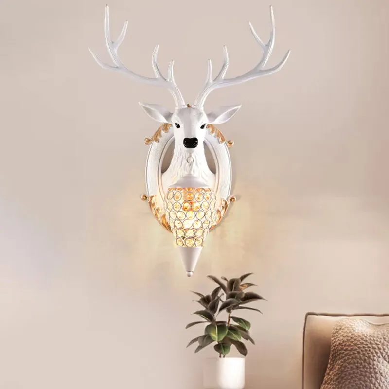 Silver/White/Wood Deer Wall Lighting Antiek Resin 1 Light Living Room Sconce Lamp Droplet Crystal Shade Silver