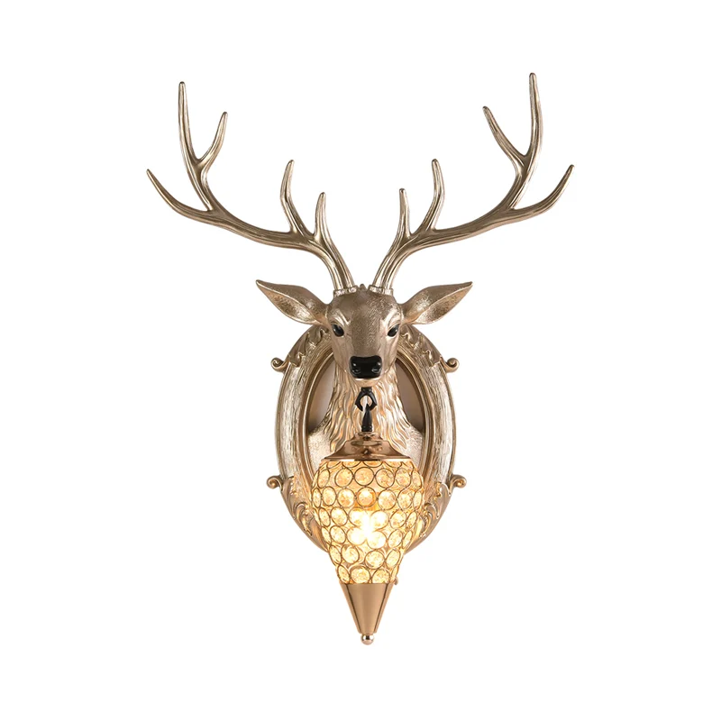 Silver/White/Wood Deer Wall Lighting Antiek Resin 1 Light Living Room Sconce Lamp Droplet Crystal Shade Silver