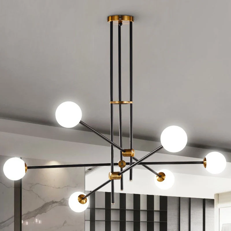 Simplicity Linear Chandelier Van metaal Living Room Pendant Lighting Ball White Glass Shade Black Black