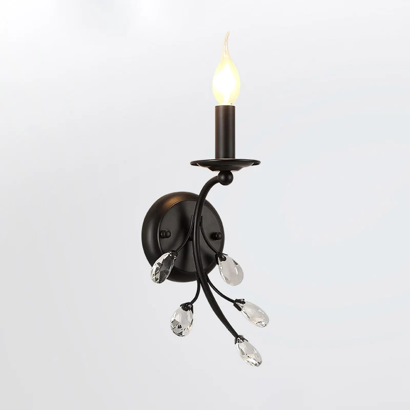 Single-Bulb Candle Wall Sconce Farmhouse Koolzwart Metal Wall Light Crystal Twig Black
