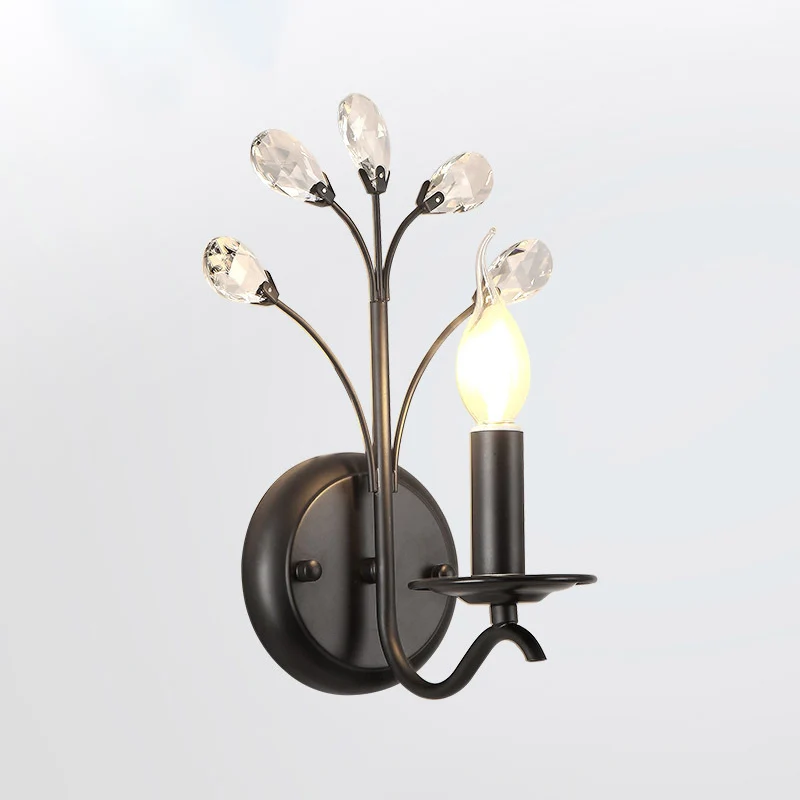 Single-Bulb Candle Wall Sconce Farmhouse Koolzwart Metal Wall Light Crystal Twig Black