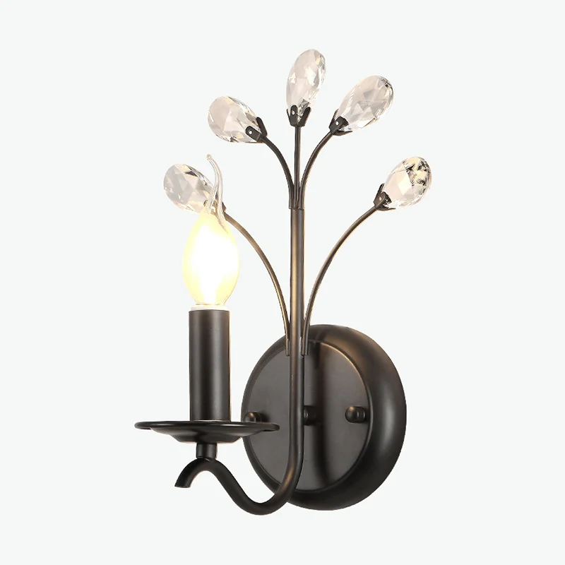 Single-Bulb Candle Wall Sconce Farmhouse Koolzwart Metal Wall Light Crystal Twig Black