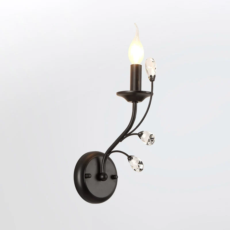 Single-Bulb Candle Wall Sconce Farmhouse Koolzwart Metal Wall Light Crystal Twig Black