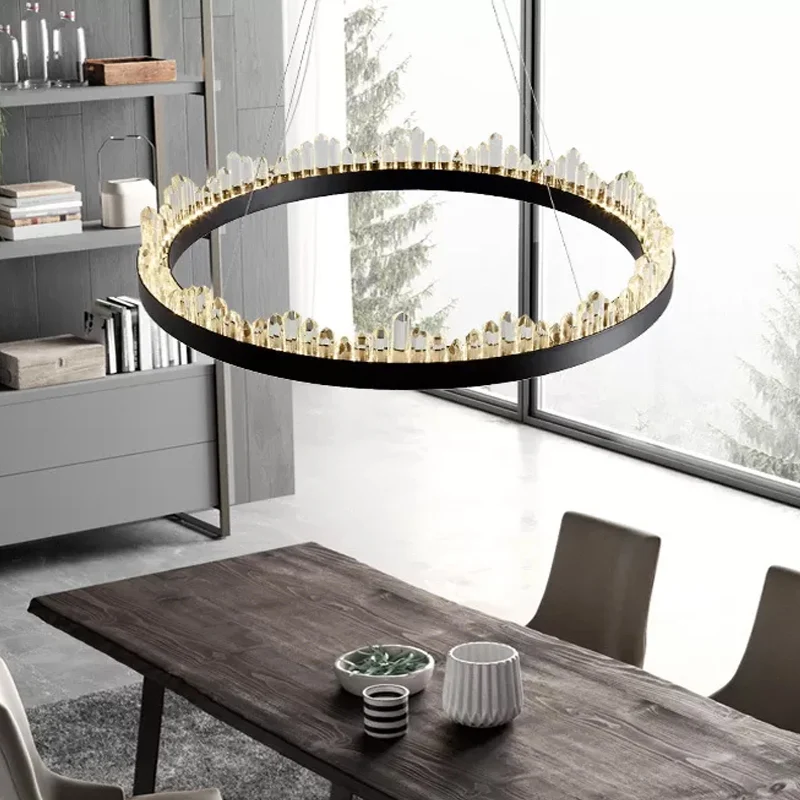 Small/Medium/Large Circle Hanging Lamp Minimalistic Crystal Dining Room LED Chandelier Black/Gold Black