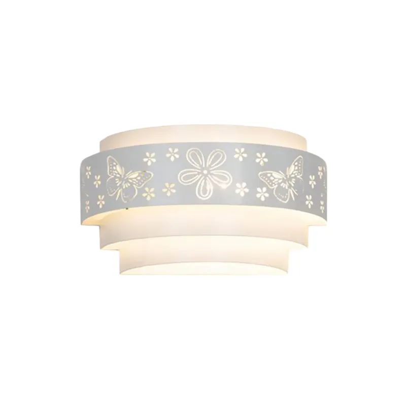 Tiered Wall Sconce Lamp Contemporain Metal 1 Bulb White Wall Mounted Light Etched Pattern Living Room White